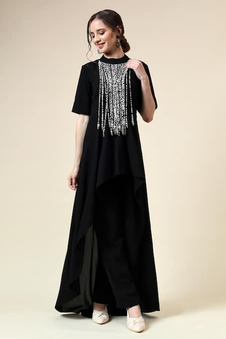 Aakaar Black Moss Crepe Embellished Metallic Fringe Closed Noir Tunic And Pant Set 