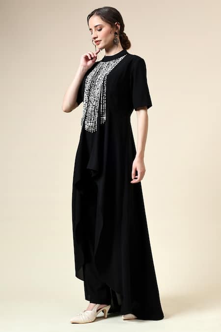 Aakaar_Black Modal Fringe Round Neck Noir Embellished Tunic And Pant Set _Online_at_Aza_Fashions