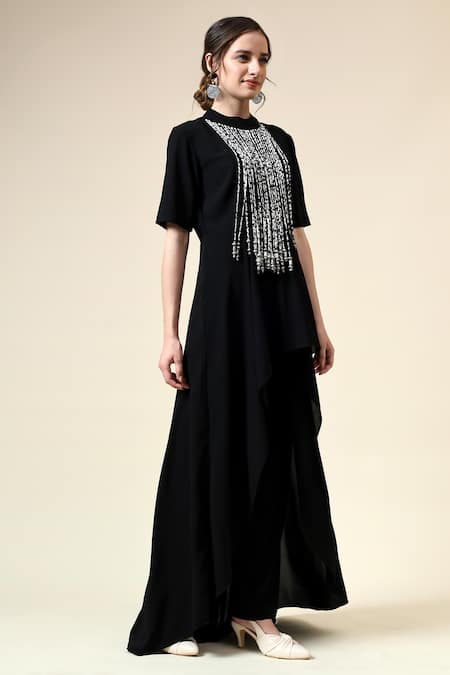 Buy_Aakaar_Black Modal Fringe Round Neck Noir Embellished Tunic And Pant Set _Online_at_Aza_Fashions