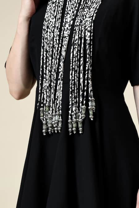 Shop_Aakaar_Black Modal Fringe Round Neck Noir Embellished Tunic And Pant Set _Online_at_Aza_Fashions