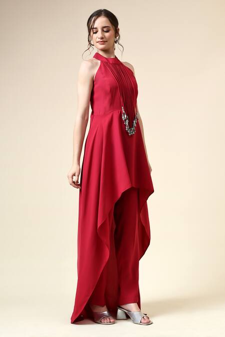 Shop_Aakaar_Pink Modal Fringe Berry Embellished Tunic And Pant Set For Kids_Online_at_Aza_Fashions