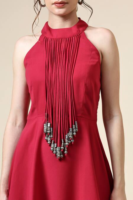 Aakaar_Pink Modal Fringe Berry Embellished Tunic And Pant Set For Kids_at_Aza_Fashions