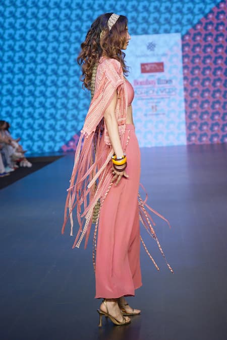 Sandhya Shah_Maroon Crepe, Linen Lace, Beads, Cut Work Hand Embroidered Jacket Pant Set_Online_at_Aza_Fashions