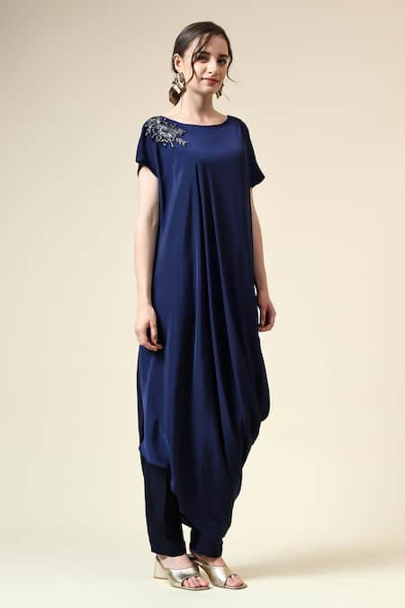 Aakaar Blue Silk Crepe Embellished Crystal Boat Draped Tunic With Pant 