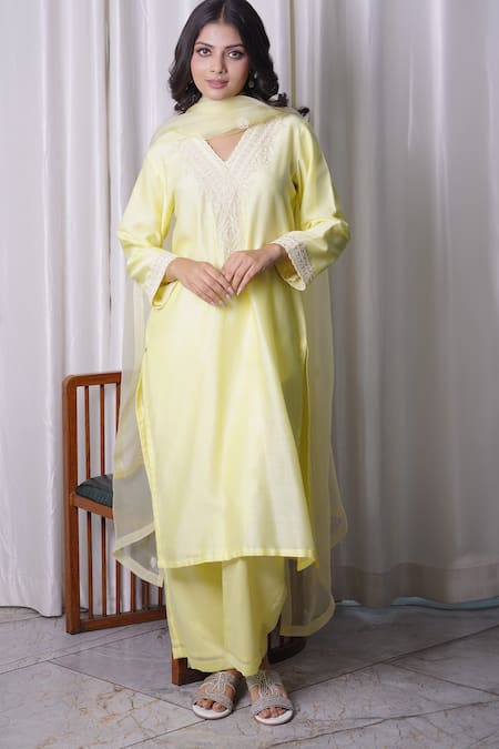 Myra Clothing Line Yellow Chanderi Hand Embroidered Resham V-neck Floral Kurta Pant Set 