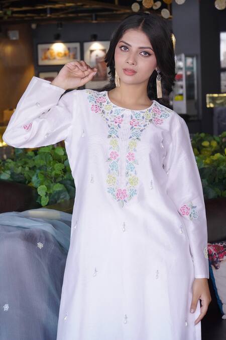 Myra Clothing Line_White Chanderi Pearls, Beads, Embroidery Round Neck Floral Kurta Pant Set _Online_at_Aza_Fashions