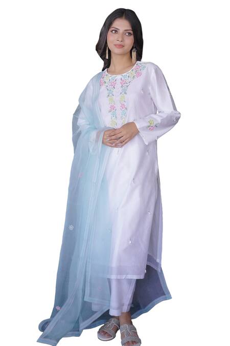Shop_Myra Clothing Line_White Chanderi Pearls, Beads, Embroidery Round Neck Floral Kurta Pant Set _Online_at_Aza_Fashions