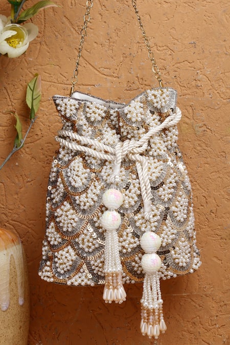 Shop_Bijoux By Priya Chandna_Ivory Pearls Velvet Scallop Sequin Embellished Potli _at_Aza_Fashions