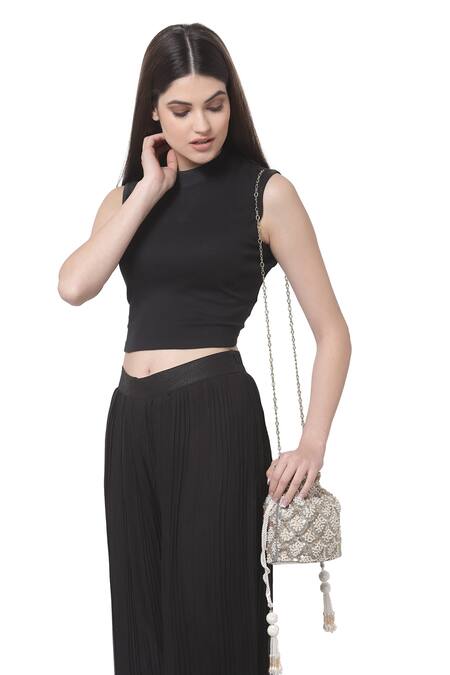 Buy_Bijoux By Priya Chandna_Ivory Pearls Velvet Scallop Sequin Embellished Potli _Online_at_Aza_Fashions