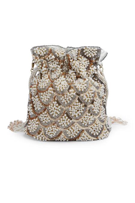 Shop_Bijoux By Priya Chandna_Ivory Pearls Velvet Scallop Sequin Embellished Potli _Online_at_Aza_Fashions