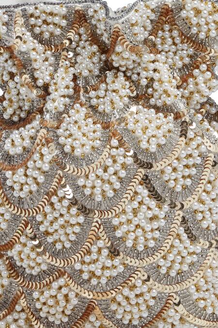 Bijoux By Priya Chandna_Ivory Pearls Velvet Scallop Sequin Embellished Potli _at_Aza_Fashions