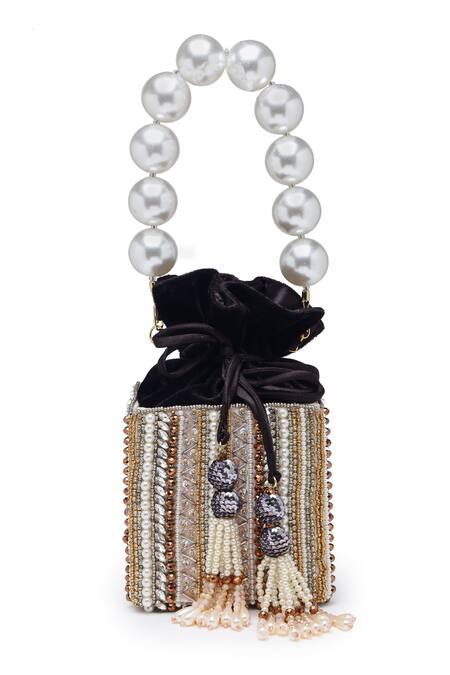 Bijoux By Priya Chandna_Gold Pearls Star Dust Sequin Embellished Box Potli Bag _Online_at_Aza_Fashions