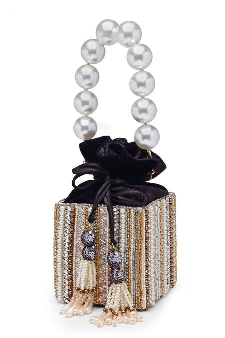Shop_Bijoux By Priya Chandna_Gold Pearls Star Dust Sequin Embellished Box Potli Bag _Online_at_Aza_Fashions