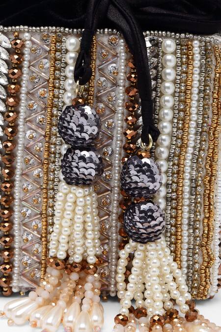 Bijoux By Priya Chandna_Gold Pearls Star Dust Sequin Embellished Box Potli Bag _at_Aza_Fashions