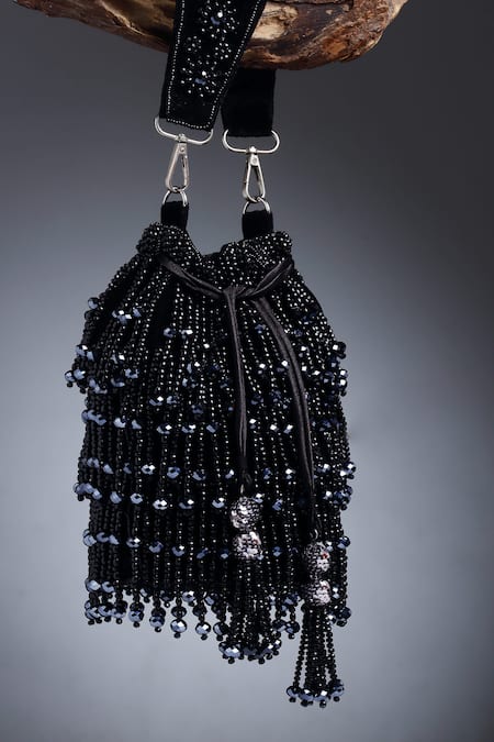 Shop_Bijoux By Priya Chandna_Black Beads Rain Drop Velvet Tasselled Bucket Potli Bag _at_Aza_Fashions