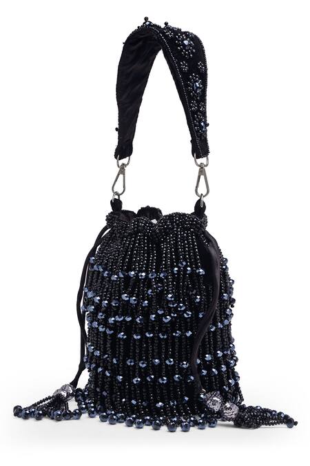 Bijoux By Priya Chandna_Black Beads Rain Drop Velvet Tasselled Bucket Potli Bag _Online_at_Aza_Fashions