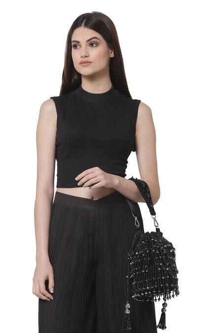 Buy_Bijoux By Priya Chandna_Black Beads Rain Drop Velvet Tasselled Bucket Potli Bag _Online_at_Aza_Fashions