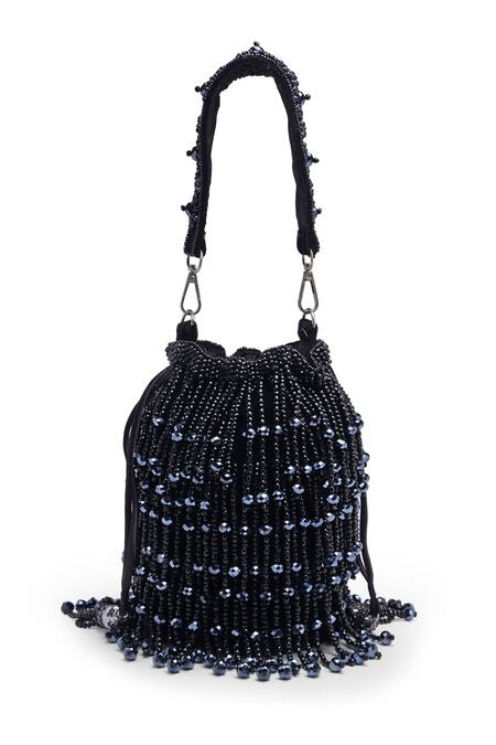 Bijoux By Priya Chandna_Black Beads Rain Drop Velvet Tasselled Bucket Potli Bag _at_Aza_Fashions