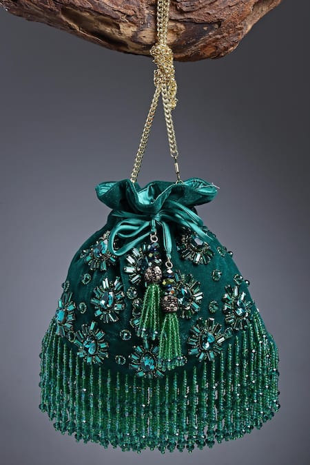 Shop_Bijoux By Priya Chandna_Green Pearls, Crystals, Beads Wilderness Velvet Embellished Potli _at_Aza_Fashions
