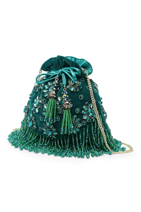 Shop_Bijoux By Priya Chandna_Green Pearls, Crystals, Beads Wilderness Velvet Embellished Potli _Online_at_Aza_Fashions