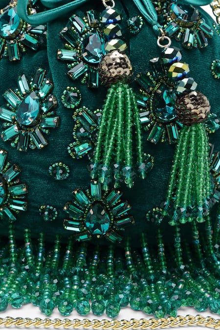 Bijoux By Priya Chandna_Green Pearls, Crystals, Beads Wilderness Velvet Embellished Potli _at_Aza_Fashions