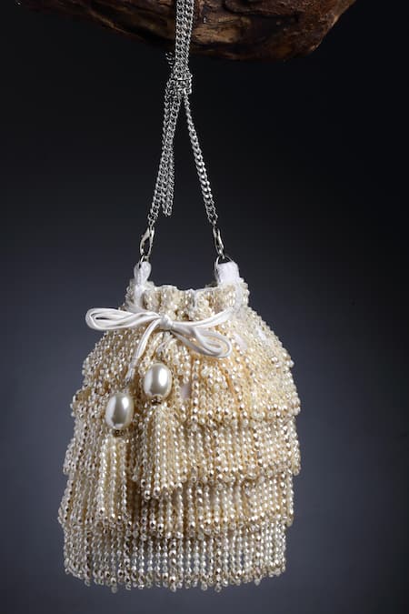 Shop_Bijoux By Priya Chandna_White Pearls, Crystals Junction Layered Tasselled Bucket Potli Bag _at_Aza_Fashions