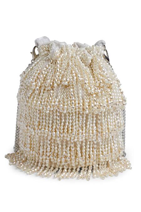 Bijoux By Priya Chandna_White Pearls, Crystals Junction Layered Tasselled Bucket Potli Bag _Online_at_Aza_Fashions
