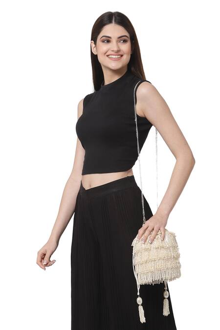 Buy_Bijoux By Priya Chandna_White Pearls, Crystals Junction Layered Tasselled Bucket Potli Bag _Online_at_Aza_Fashions