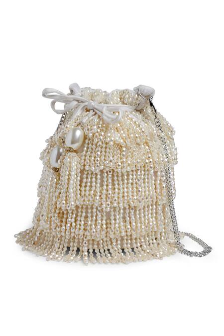 Shop_Bijoux By Priya Chandna_White Pearls, Crystals Junction Layered Tasselled Bucket Potli Bag _Online_at_Aza_Fashions