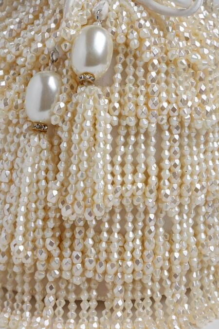 Bijoux By Priya Chandna_White Pearls, Crystals Junction Layered Tasselled Bucket Potli Bag _at_Aza_Fashions