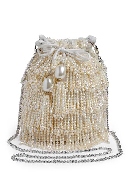 Buy_Bijoux By Priya Chandna_White Pearls, Crystals Junction Layered Tasselled Bucket Potli Bag 