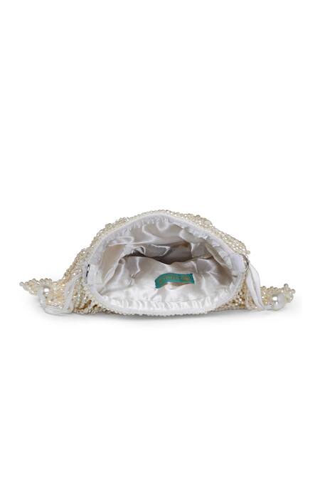 Shop_Bijoux By Priya Chandna_White Pearls, Crystals Junction Layered Tasselled Bucket Potli Bag 