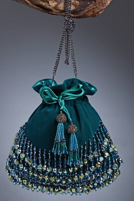 Shop_Bijoux By Priya Chandna_Green Pearls, Crystals, Beads Jasmine Tassel Potli _at_Aza_Fashions