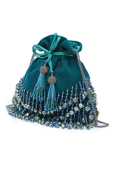 Shop_Bijoux By Priya Chandna_Green Pearls, Crystals, Beads Jasmine Tassel Potli _Online_at_Aza_Fashions