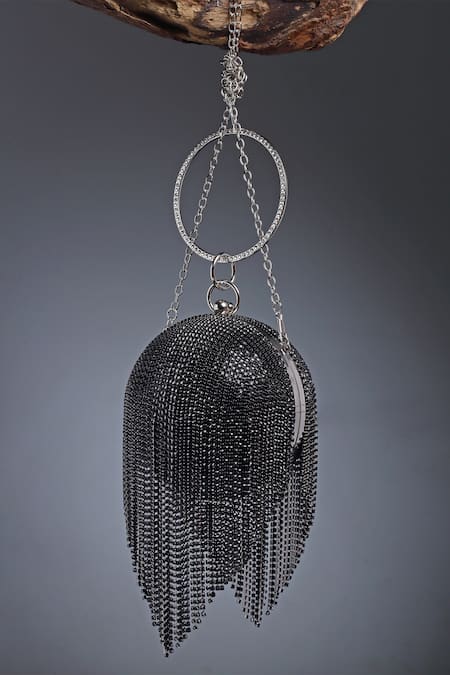 Shop_Bijoux By Priya Chandna_Black Crystal Disco Ball Tassel Bag _at_Aza_Fashions