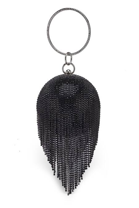 Shop_Bijoux By Priya Chandna_Black Crystal Disco Ball Tassel Bag 