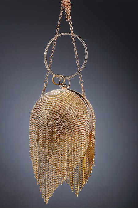 Shop_Bijoux By Priya Chandna_Gold Crystal Disco Ball Tassel Embellished Bag _at_Aza_Fashions