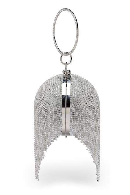 Shop_Bijoux By Priya Chandna_Silver Crystal Disco Ball Embellished Bag _Online_at_Aza_Fashions