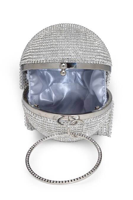 Shop_Bijoux By Priya Chandna_Silver Crystal Disco Ball Embellished Bag 
