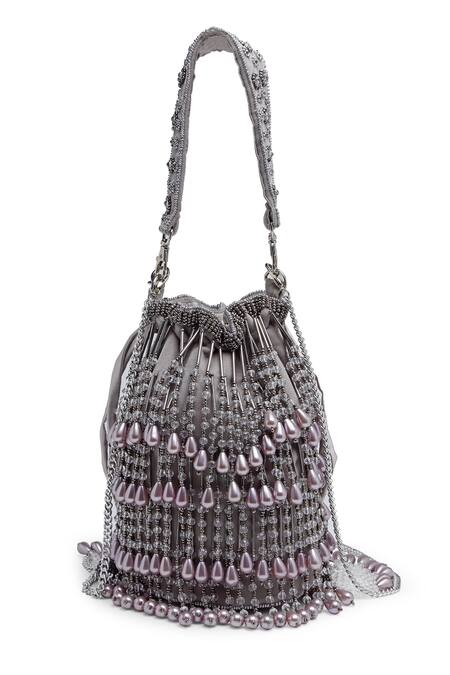 Buy_Bijoux By Priya Chandna_Grey Pearls Nargis Velvet Bead Tassell Bucket Potli Bag 