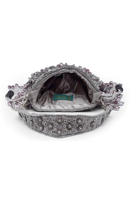 Shop_Bijoux By Priya Chandna_Grey Pearls Nargis Velvet Bead Tassell Bucket Potli Bag 