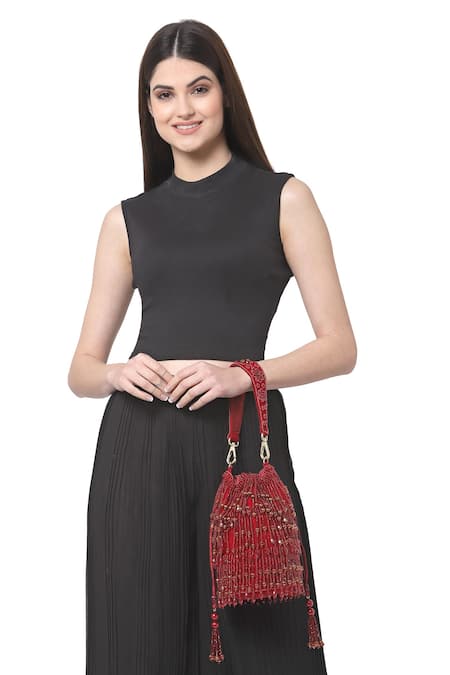 Bijoux By Priya Chandna Kiara Velvet Bead Pearl Tassell Bucket Potli Bag 