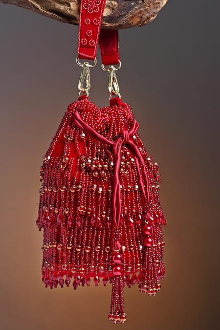 Shop_Bijoux By Priya Chandna_Red Pearls, Sequins, Crystals, Beads Kiara Velvet Tassell Bucket Potli Bag _at_Aza_Fashions