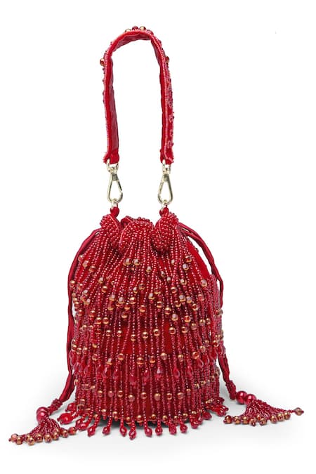 Buy_Bijoux By Priya Chandna_Red Pearls, Sequins, Crystals, Beads Kiara Velvet Tassell Bucket Potli Bag _Online_at_Aza_Fashions