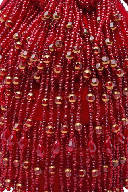 Shop_Bijoux By Priya Chandna_Red Pearls, Sequins, Crystals, Beads Kiara Velvet Tassell Bucket Potli Bag _Online_at_Aza_Fashions