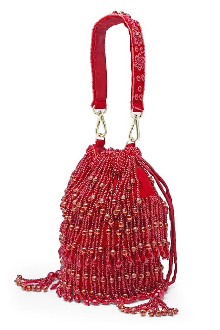 Bijoux By Priya Chandna_Red Pearls, Sequins, Crystals, Beads Kiara Velvet Tassell Bucket Potli Bag _at_Aza_Fashions