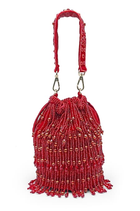 Buy_Bijoux By Priya Chandna_Red Pearls, Sequins, Crystals, Beads Kiara Velvet Tassell Bucket Potli Bag 