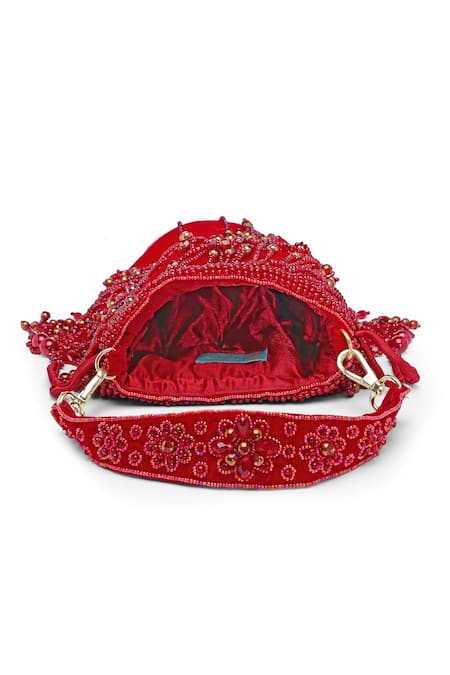 Shop_Bijoux By Priya Chandna_Red Pearls, Sequins, Crystals, Beads Kiara Velvet Tassell Bucket Potli Bag 
