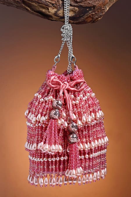 Shop_Bijoux By Priya Chandna_Pink Pearls Nilofar Velvet Tassell Bucket Potli Bag _at_Aza_Fashions