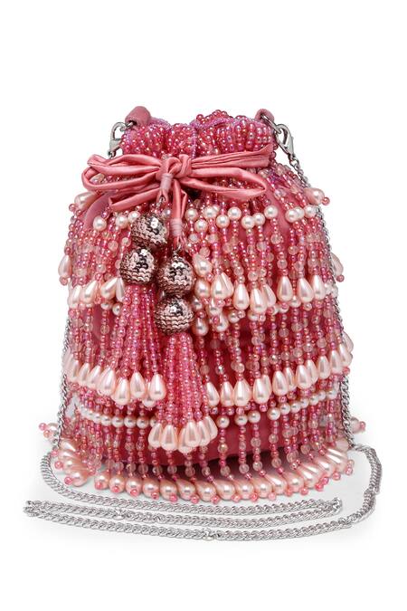 Bijoux By Priya Chandna_Pink Pearls Nilofar Velvet Tassell Bucket Potli Bag _Online_at_Aza_Fashions